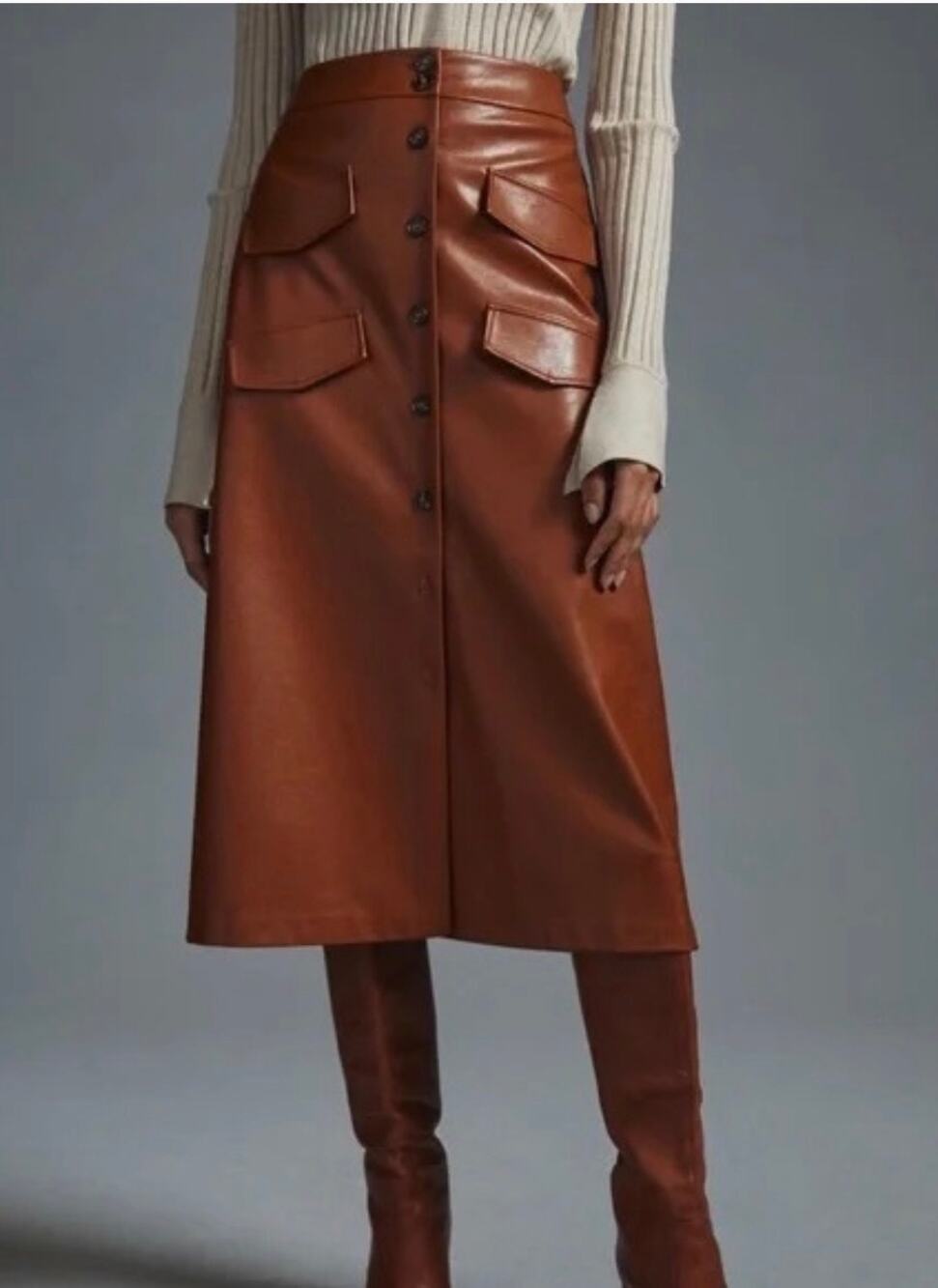 MARE MARE X ANTHROPOLOGIE vegan leather button up luxury tan a line skirt XL